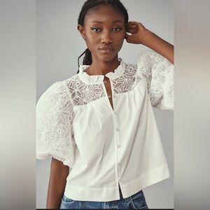 Maeve White Lace Detail Puff Sleeve Blouse with Buttons
